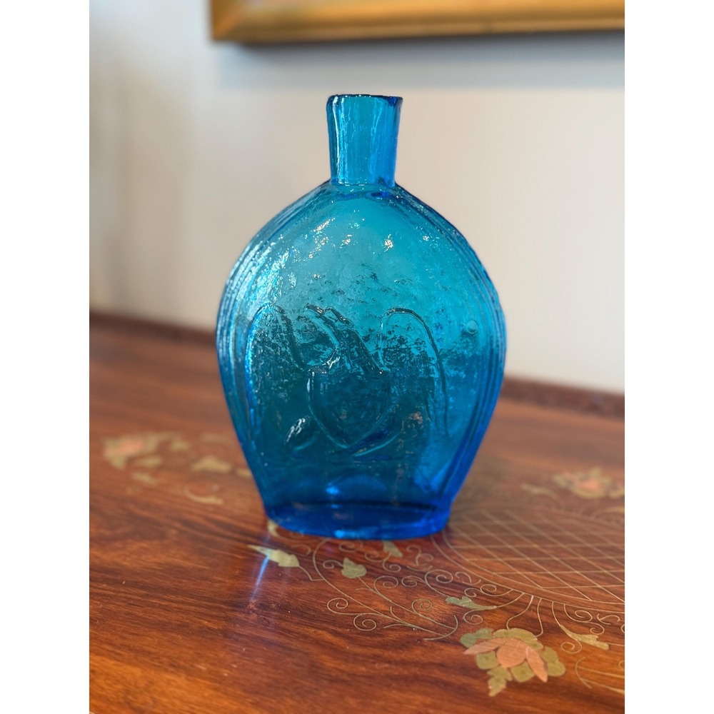 Vintage Clevenger Bros Blue‎ Glass Bottle - Eagle and Grapes 8"